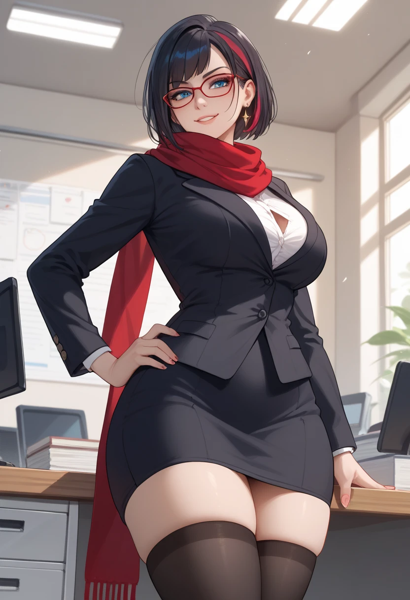 highres, masterpiece, fiora, headmistress fiora, blue eyes, black hair, medium hair, red streak, large breasts, (thick thighs), standing, thighhighs, black legwear, black dress, striped dress, teacher, seductive smile, scarf, bra, office, glasses, hand on hip