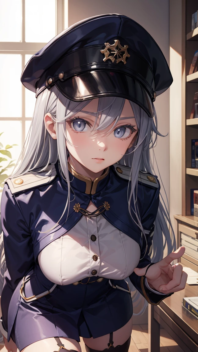 vladilenamilize, vladilena milize, (grey eyes:1.5), 1woman, mature woman, grey hair, hair between eyes, long hair, ahoge,
BREAK blue headwear, blue jacket, blue skirt, hat, jacket, military, military hat, military uniform, peaked cap, shirt, skirt,  thighhighs, uniform, white shirt,  white thighhighs,
BREAK looking at viewer,
BREAK indoors, military place,
BREAK (masterpiece:1.2), best quality, high resolution, unity 8k wallpaper, (illustration:0.8), (beautiful detailed eyes:1.6), extremely detailed face, perfect lighting, extremely detailed CG, (perfect hands, perfect anatomy),