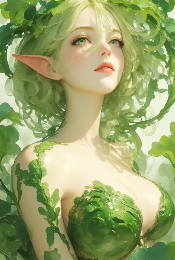 (best quality, ultra-detailed), (alien), (green skin), (black eyes), (((leaves for hair))), long hair, busty, (dress made of plants), vibrant colors, (soft lighting), (lush vegetation), (alien planet), ethereal beauty, surreal, otherworldly, enchanting, mesmerizing, stunning, captivating, dreamlike, mythical, fantasy, (alien creatures), (glowing flowers), (misty atmosphere), mysterious. (photorealistic1.3), pink flowers in the background,