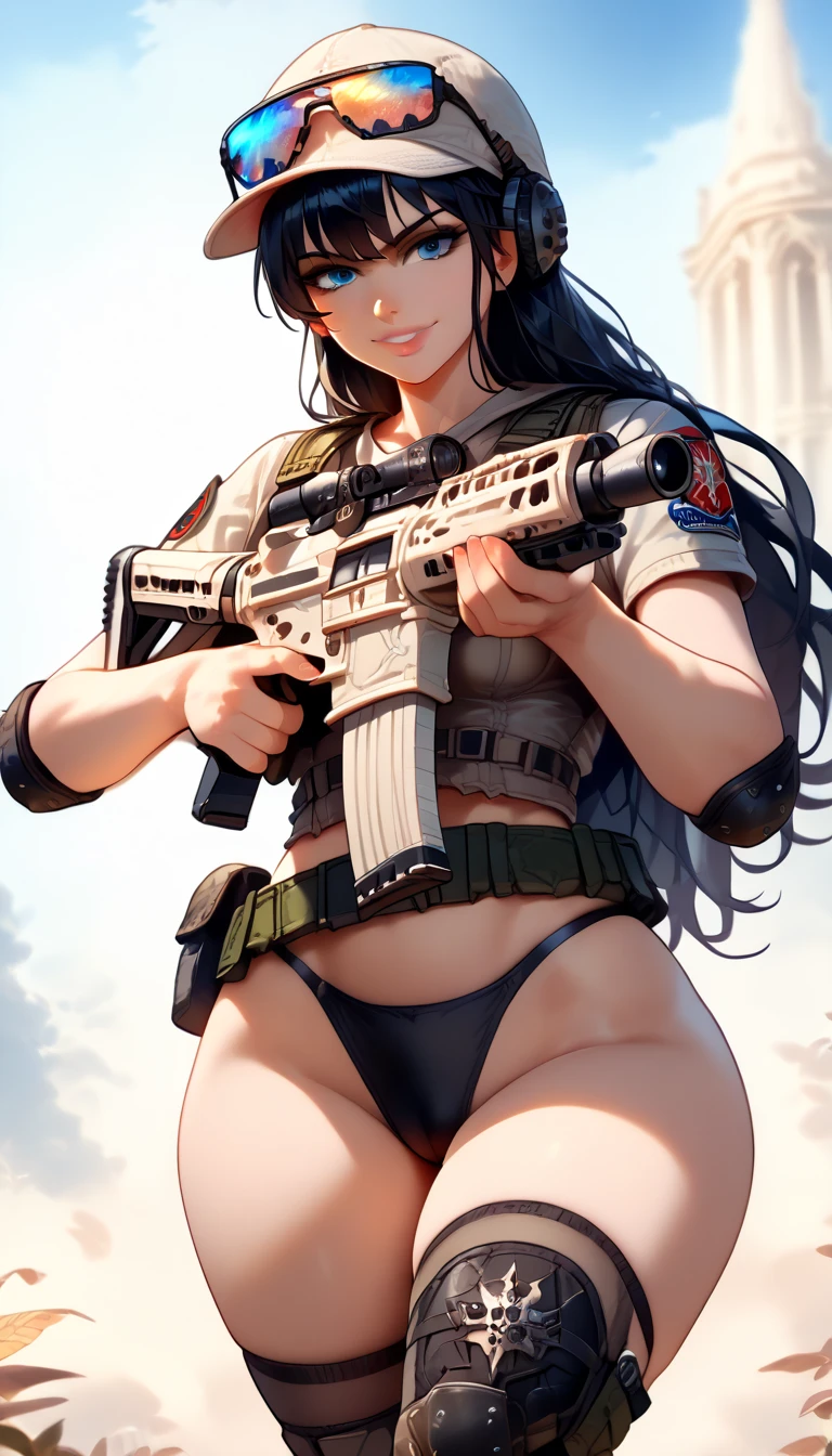 ultra-detailed, 1girl, NicorobinSDXL, ((masterpiece)), (best quality), (highres), 16K, black hair, long hair, blue eyes, tinted eyewear, eyewear on head, cap, wearing tactical clothes, black panties, tactical belt, thighhighs, knee pads, busty body, large breasts and a beautiful ass, showcasing cleavage, legs, hips, (holding assault rifle), looking at viewer, smile, detailed face, detailed hair, detailed full body, street background