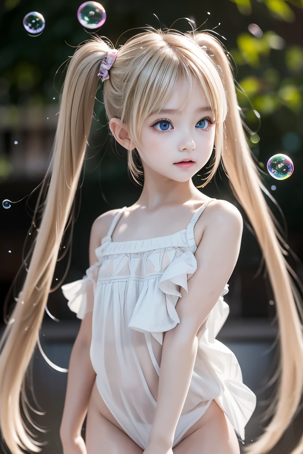 ◎( Very Detailed CG Unity 8k Wallpaper ),  The World's Most Beautiful Artwork, little toddler girl, , Blonde,  twin tails, Slim and young body,  white skin, Clothes with exposed shoulders, A young girl with a beautiful face, bubble, shiny bubbles, bubbles, color shining in bubble, reflective bubbles, bubbles, bubbles all around, turning into bubble