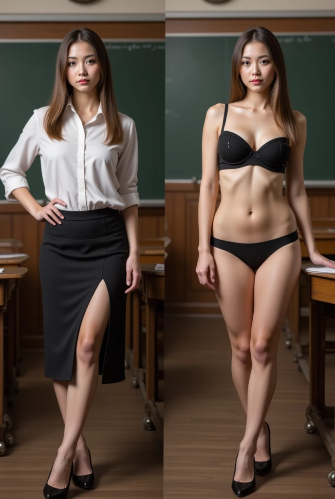 side-by-side photos of a young woman standing in a classroom, wearing a secretary uniform , left side clothed, right side wearing bra and micro panties, cameltoe
