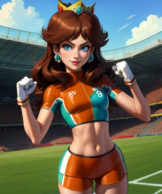 Daisy,brown hair,blue eyes,long hair,flower earrings,small crown,
number 8 soccer uniform, short sleeves,white gloves, orange shorts,midriff,clenched hands,number 8,
standing,smile,
soccer field,science fiction,outdoors,
(insanely detailed, masterpiece, best quality), 