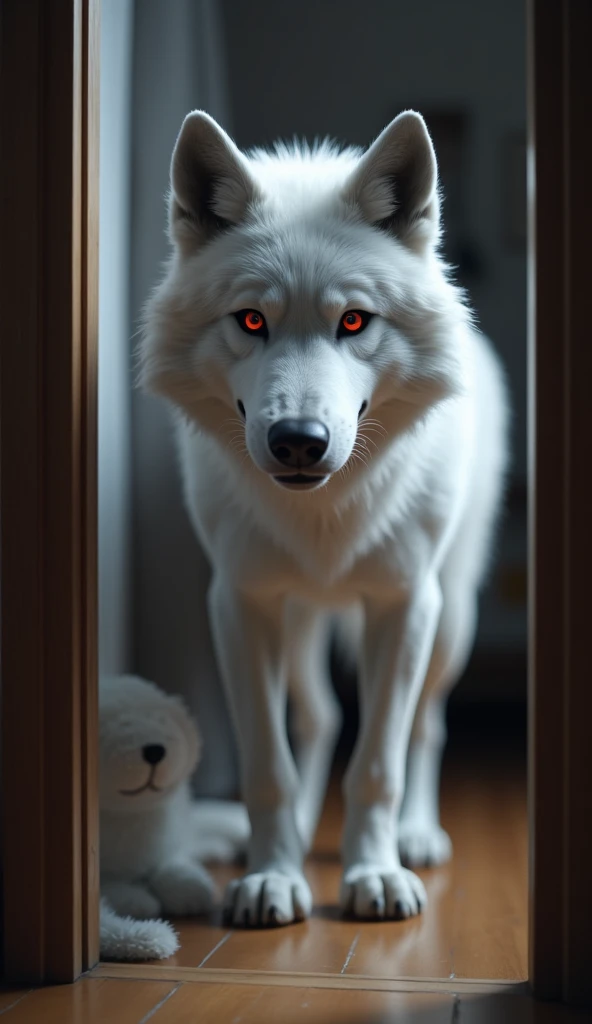 white wolf male. looking at the viewer, standing in the bedroom doorway. red eyes, Preventing viewer from entering,