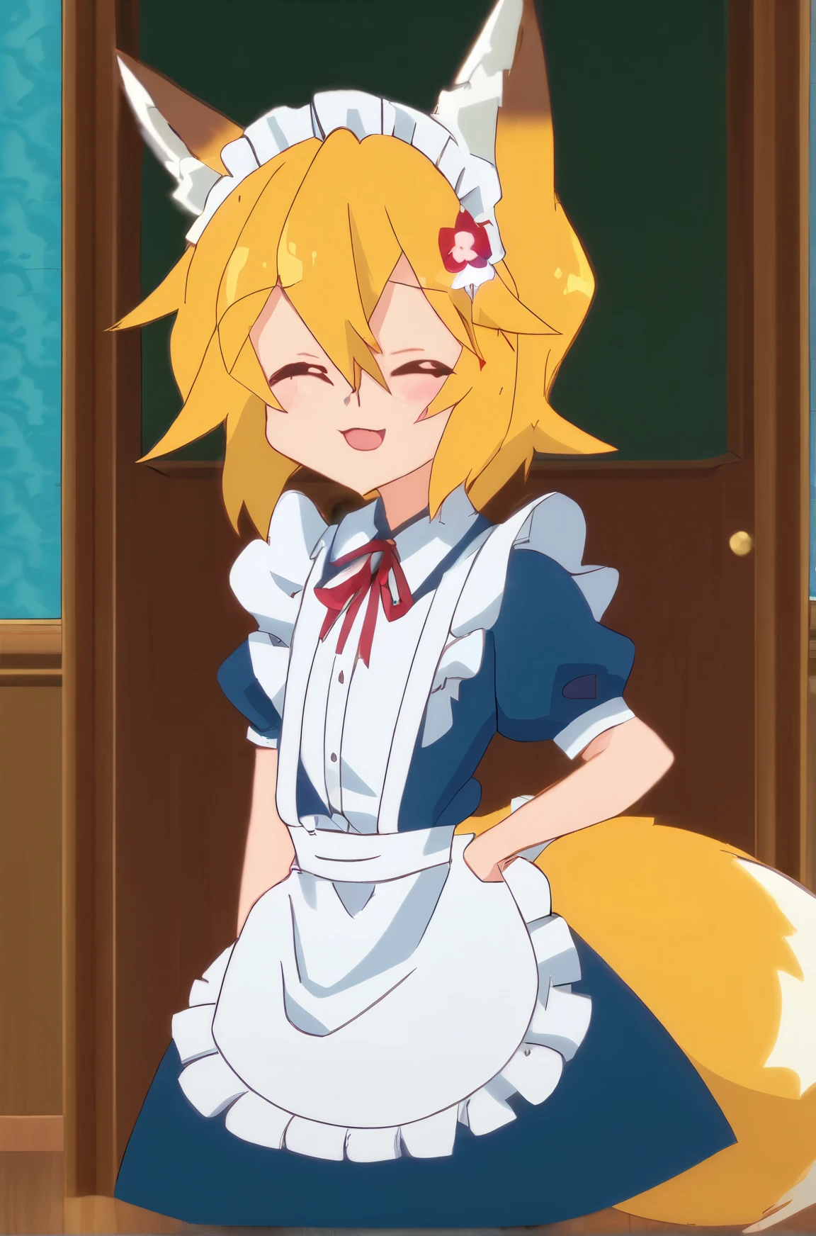 senko-san maid, day, inside, looking at viewer, classic maid outfit, one eye closed, (wide shot:1.3), fox ears, fox tail
