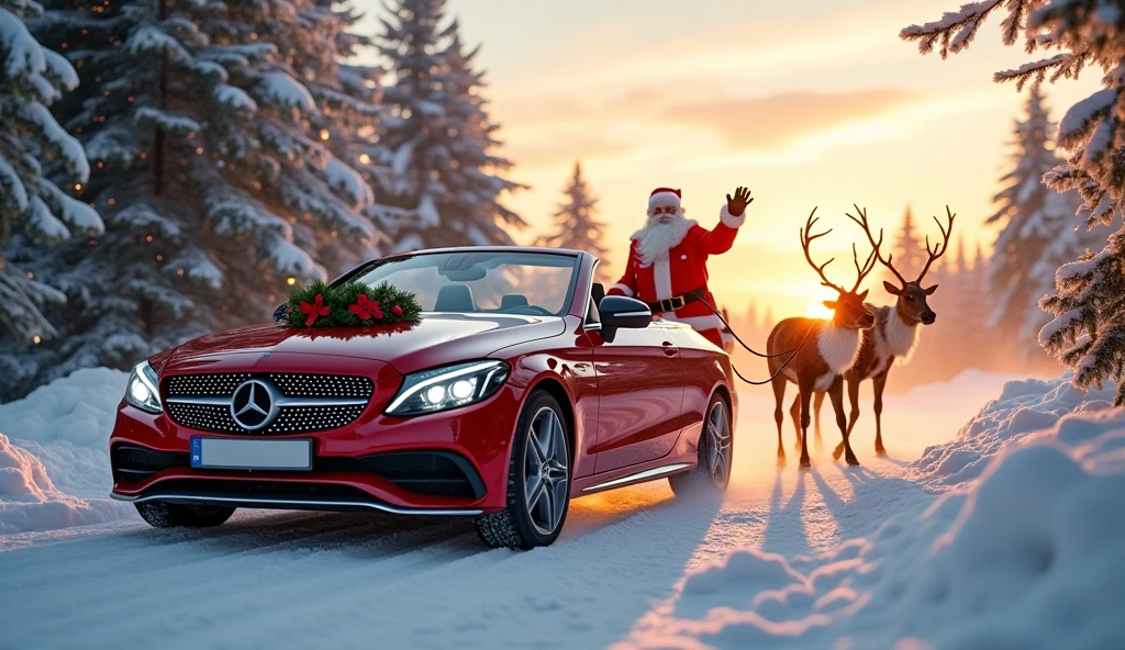 A red Mercedes-Benz C-Class Cabriolet, adorned with a Christmas wreath on the front grille, drives through a snowy landscape. As it passes a decorated Christmas tree, the car, complete with reindeer and Santa Claus at the reins. Santa Claus waves to the camera with a joyful expression. The sleigh continues its journey through the snowy landscape, leaving a trail of sparkling magic in its wake.high quality, 8K Ultra HD, A beautiful double exposure that combines an goddess silhouette with sunset coast, sunset coast should serve as the underlying backdrop, with its details incorporated into the goddess , crisp lines, The background is monochrome, sharp focus, double exposure, by yukisakura, awesome full color,