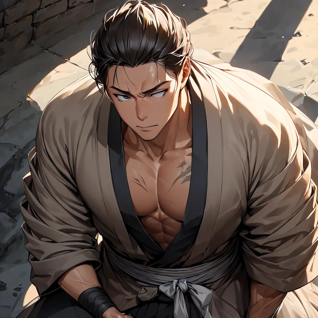 perfect hands, perfect finger,perfect anatomy, masterpiece, best quality,realistic, hyperrealistic, 16k hdr,1 muscular man,, Himejima Gyomei,Black Hair,(no eyes, white pupils, white eyes, blind),red Buddha beads around neck,black and white Demon Slayer uniform,Olive Green Haori/ Happi,horizontal scar on forehead,open jacket