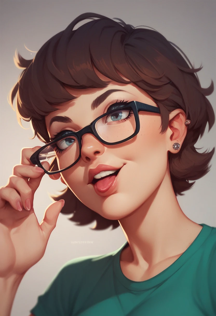 Nerdy girl,  short hair, glasses, nervousness