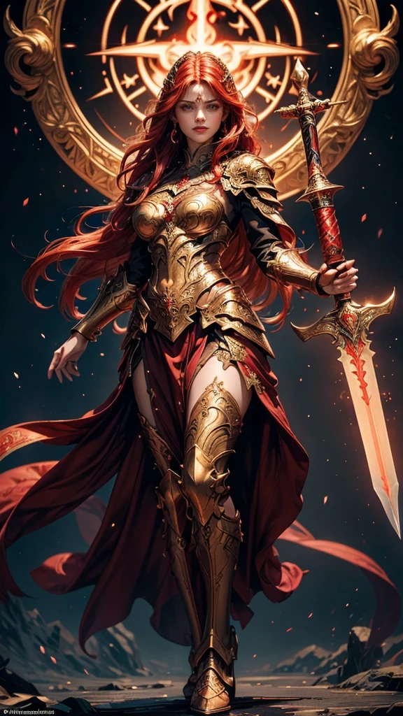 (Masterpiece, highest quality, Best Quality, Beautiful and aesthetic:1.3), full-body portrait, epic cinematic fantasy art, a stunning and powerful redheaded female paladin clad in intricate fantasy-style armor. Her armor is highly detailed, crafted with silver and red with golden pattern, adorned with delicate celestial and floral engravings, glowing red and white energy running through ornate runes and filigree. The design is formfitting yet protective, emphasizing her graceful yet commanding presence. Her fiery red hair cascades in soft waves, glowing subtly in the light, framing her serene yet determined expression with red eye, red eyes women, flame Mark on mid forehead, She wields a massive, intricately designed Sword, glowing faintly with divine energy, the weapon engraved with radiant runes. Her pose is dynamic yet composed, standing confidently with the sword resting lightly by her side, symbolizing strength and poise.