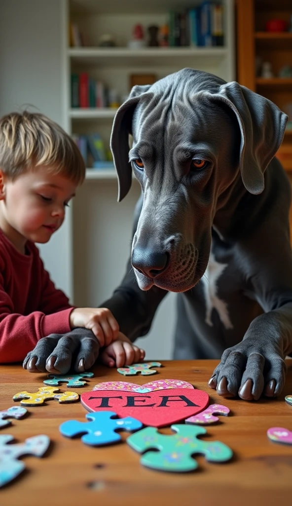 um menino humano sorridente de 5 anos, com seu cachorro schnauzer, Assemble a jigsaw puzzle