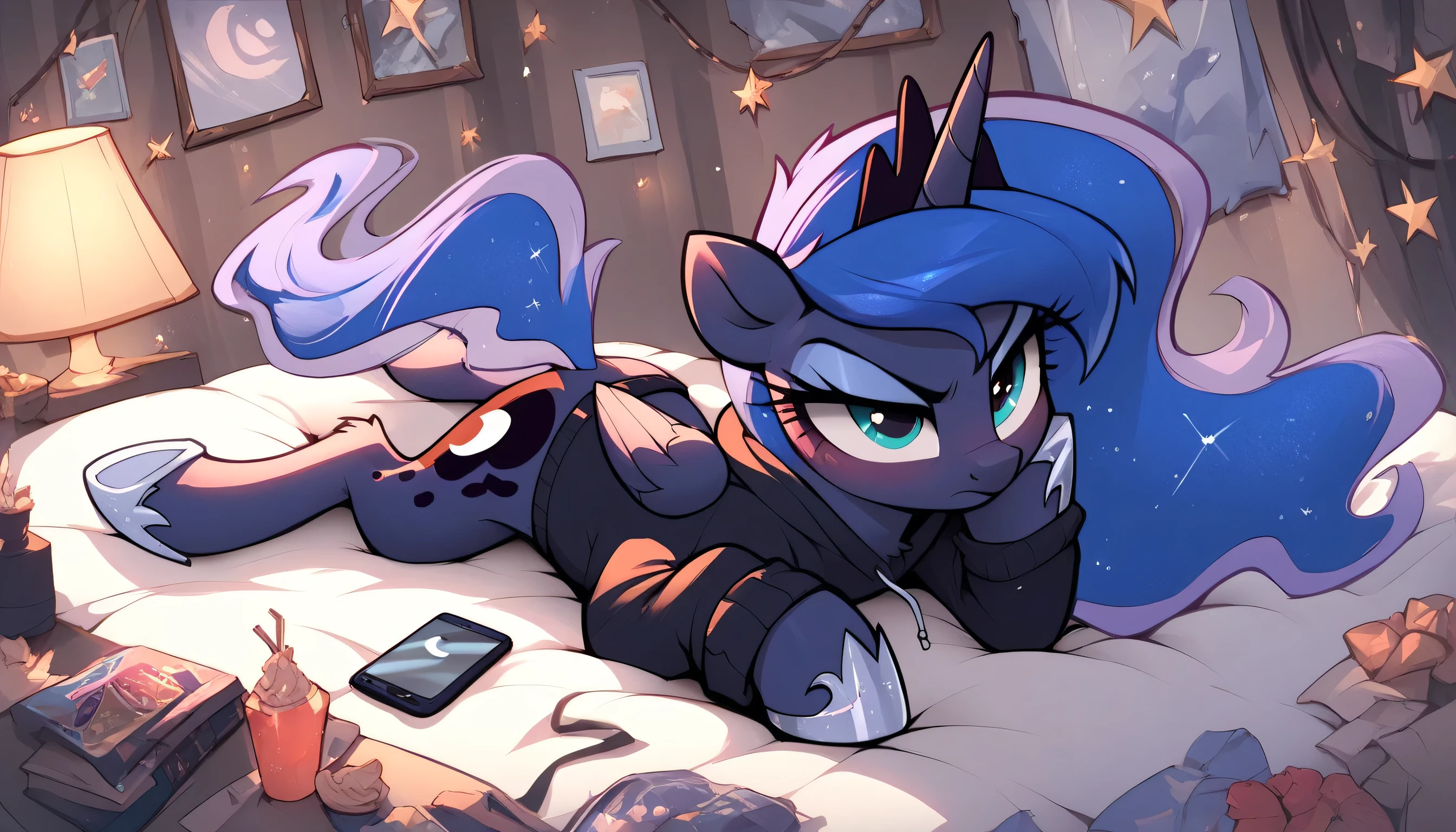 Score_9, Score_8_up, Score_7_up, Score_6_up, a serious alicorn unicorn, Princess Luna gamer from My Little Pony, depicted in a dark hoodie playing a game lying on the bed. Luna's mane flows in a wavy pattern of nighttime colors, with shades of blue, purple, and violet mixing with each other. She is looking at the screen where she is playing with a spoiled expression. The stage is a room. In its extended magical aura is a smartphone with a snowflake logo on the back.
