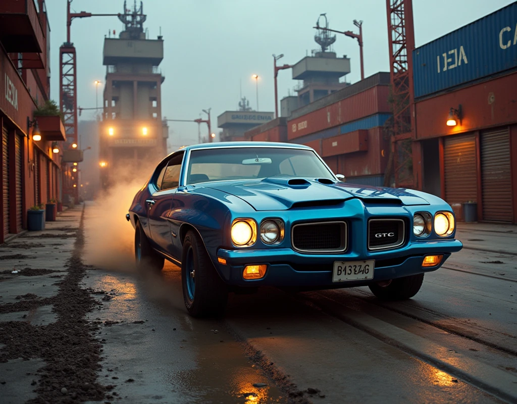 In the dim light of dawn, a 1971 blue Pontiac GTO Judge speeds through the deserted docks, its powerful muscle car agility on full display as it outwits and outruns a heavily armed convoy determined to bring the driver down. The car is framed from the side, with its sharp lines and roaring engine clearly visible. The docks are filled with cranes, shipping containers, and abandoned warehouses, creating a gritty, industrial atmosphere. The convoy's headlights and gunfire illuminate the scene, adding tension and urgency. The composition is dynamic, with the car's movement through the dockyard creating a sense of motion. The action is intense, with the GTO's wheels kicking up dust and debris as it maneuvers through the chaotic scene.