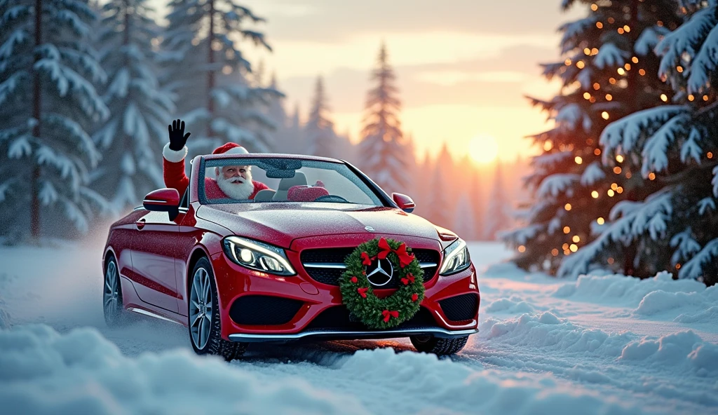 A red Mercedes-Benz C-Class Cabriolet, adorned with a Christmas wreath on the front grille, drives through a snowy landscape. As it passes a decorated Christmas tree, Santa Claus is driving.Santa Claus waves to the camera with a joyful expression. The car continues its journey through the snowy landscape, leaving a trail of sparkling magic.high quality, 8K Ultra HD, A beautiful double exposure that combines an goddess silhouette with sunset coast, sunset coast should serve as the underlying backdrop, with its details incorporated into the goddess , crisp lines, The background is monochrome, sharp focus, double exposure, by yukisakura, awesome full color,
