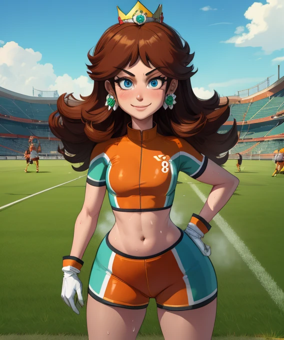 Daisy,brown hair,blue eyes,long hair,flower earrings,small crown,
number 8 soccer uniform, short sleeves, white gloves, orange shorts, midriff, number 8,
standing, smile, sweaty, exhausted, hand on hips
soccer field, science fiction, outdoors,
(insanely detailed, masterpiece, best quality), 