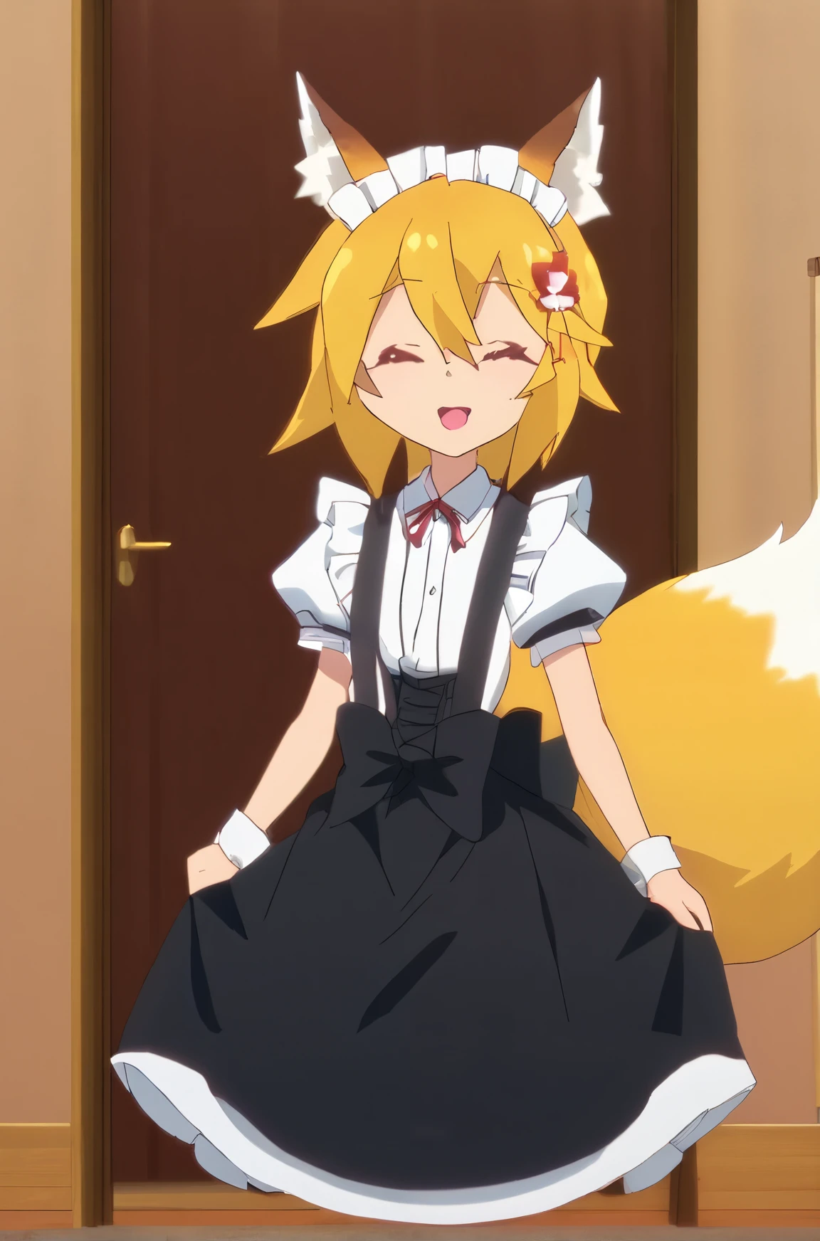 senko-san maid, day, inside, looking at viewer, classic maid outfit, one eye closed, (wide shot:1.3), fox ears, fox tail
