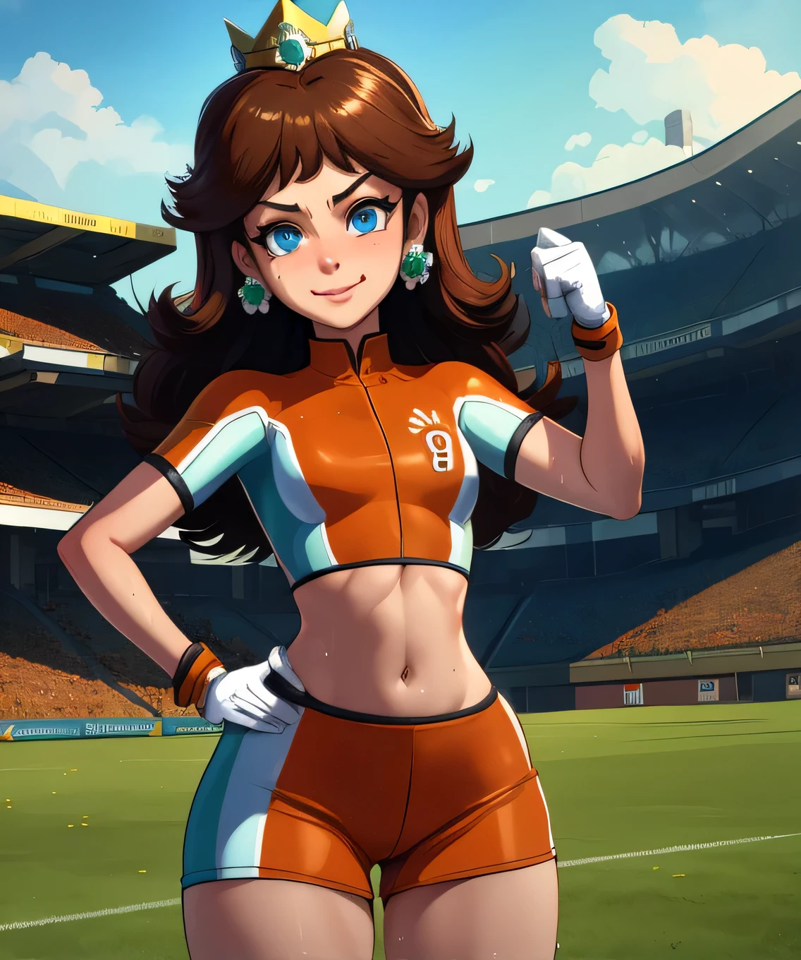 Daisy,brown hair,blue eyes,long hair,flower earrings,small crown,
number 8 soccer uniform, short sleeves, white gloves, orange shorts, midriff, number 8,
standing, smile, sweaty, exhausted, hand on hips
soccer field, science fiction, outdoors,
(insanely detailed, masterpiece, best quality), 