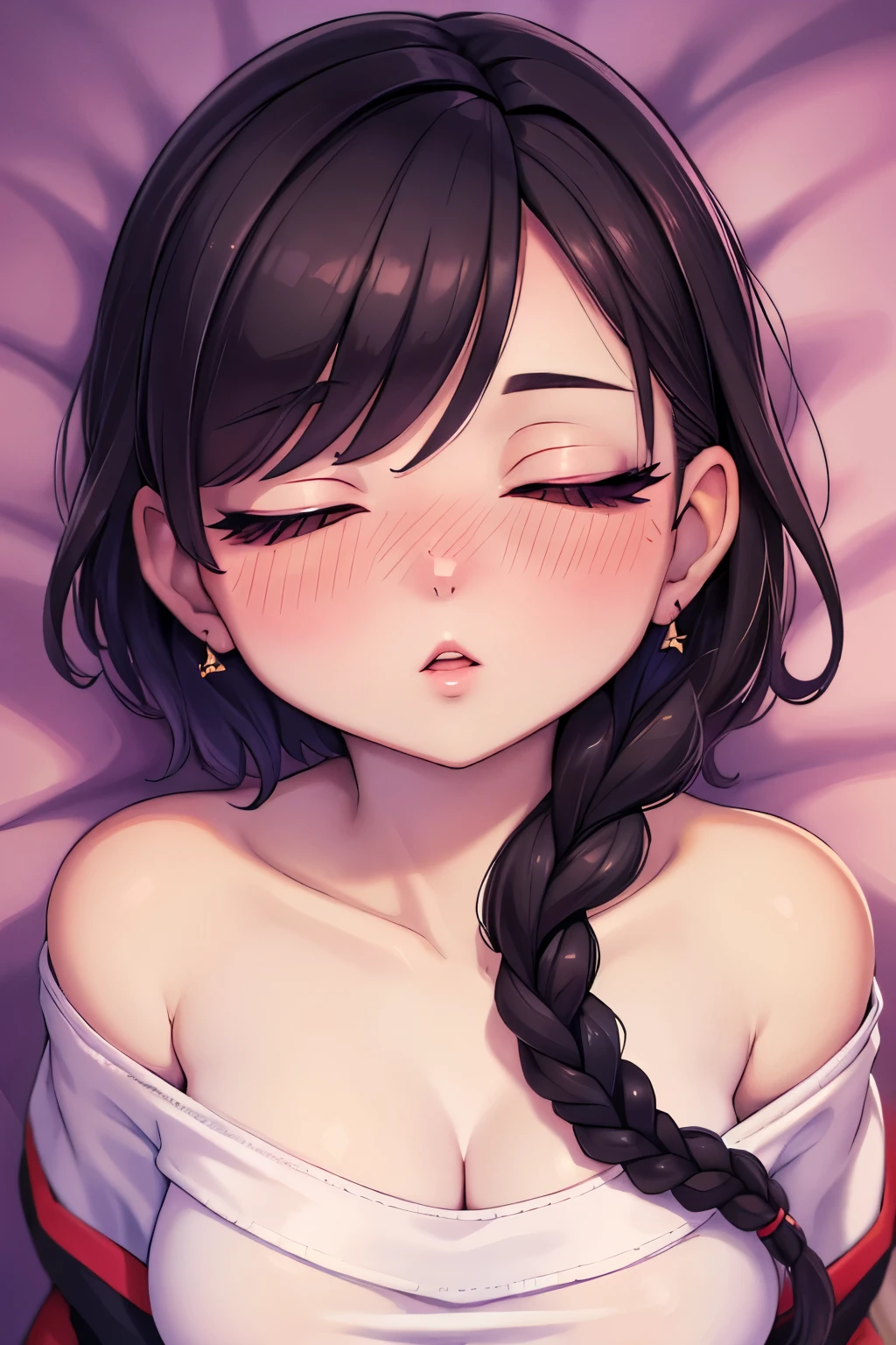 Sexy and cute girl, black hair tied in a braid, seductive gaze, blushing intensely, pink lips parted, long neck, oversized purple t shirt, bare shoulders, medium chest, cleavage, lying on bed