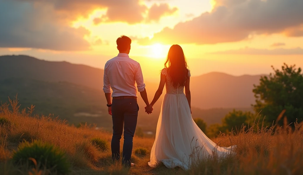 Silhouette of couple holding hands in sunset