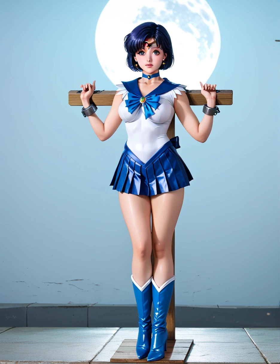 (((Sailor Mercury))), Bluish short hair, blue elbow pads　White long gloves, (Sailor Warriors　Sailor Warriorsのコスチューム:1.47), (The leotard is white:1.7), Blue collar, Sailor Warriorsの胸リボン, The costume is tight against the skin, middle School girls, (blush), ((Slender figure　Beautiful Skin)), Highest quality, High resolution, masterpiece, (Beautiful vagina), (With a 30-year-old mafia man, penis:1.4), Complete limbs, (Mating press:1.2), 1 Beautiful Girl, ((((penis enters vagina)))), (Beautiful crotch), Spread your legs, ((Binding, Restrained by rope:1.4)), Sailor Warriors fuck a guy fully clothed, (((Such a cute little face)))