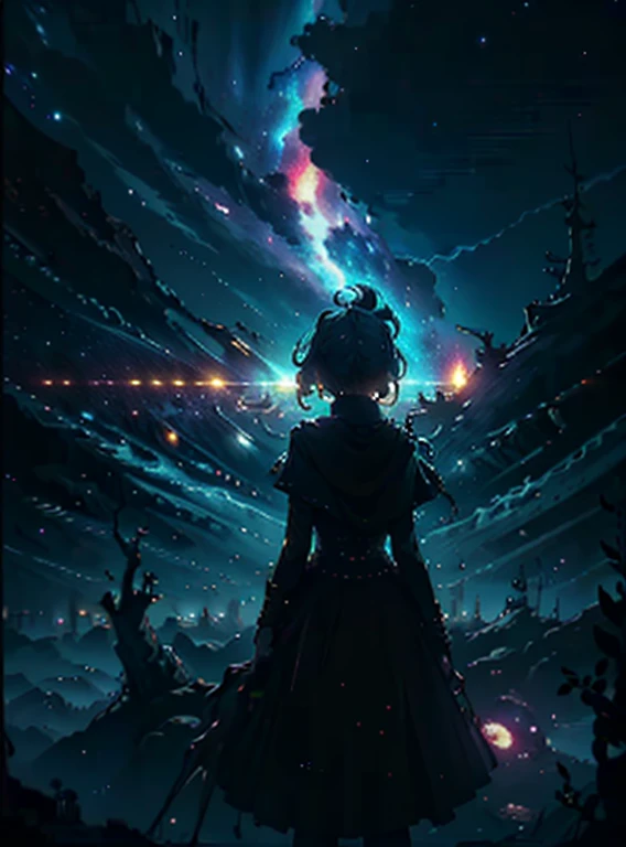 Panoramic photography of expansive landscape, ( A view from the bottom overlooking the sky and the streets below ),  Cyperd girl standing in a gloomy city looking up, ( Get the switch : 1.2), ( Falling star : 0.9), (Nebula : 1.3), Distant city,  The art of producing broken trees , ( Hot light source : 1.2), (Neon light : 1.2),  Bulb ,  Roxy and orange ,  Complex detail ,  Light size break  (A very detailed: 1.2), (highest quality), 4K, 's prayer is very detailed, (Dynamic configuration: 1.4),  High-resolution and colorful details  ( Iridescent : 1.2), ( Brilliant lighting , , atmospheric lighting ), dreamer, Magic , (Alone: 1.2), nun, sex, , hot,