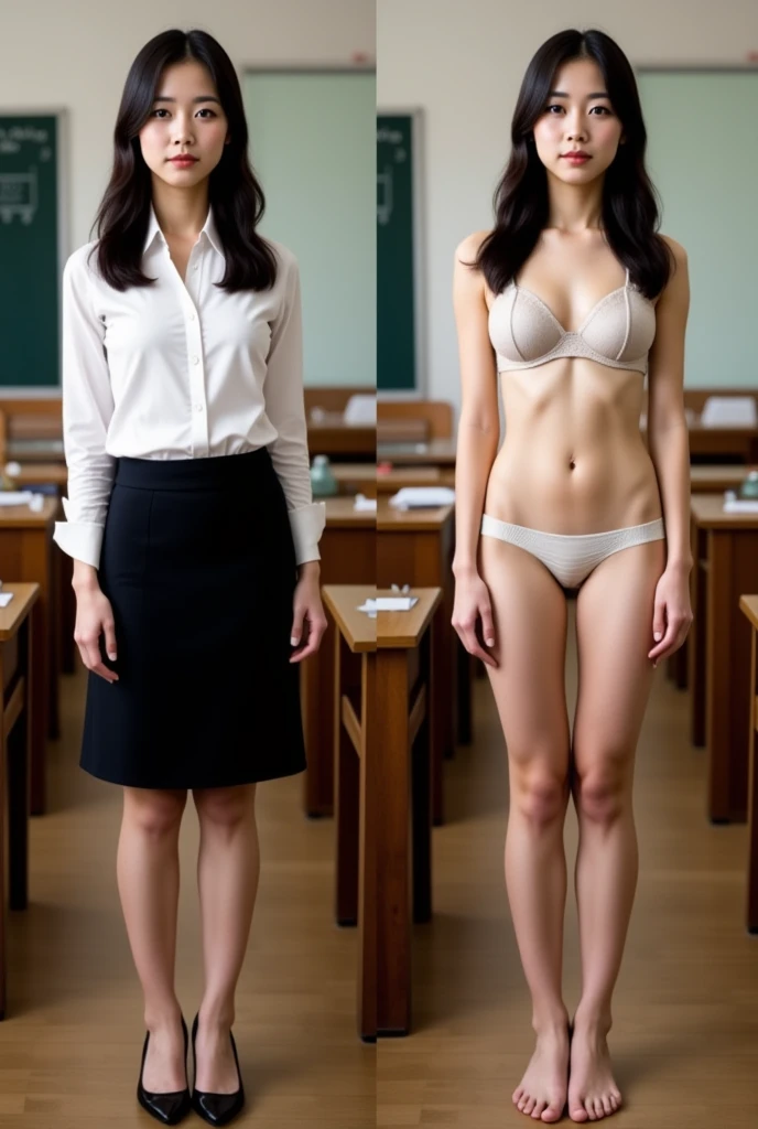 side-by-side photos of a young woman standing in a classroom, wearing a secretary uniform , left side clothed, right side wearing bra and micro white panties, cameltoe
