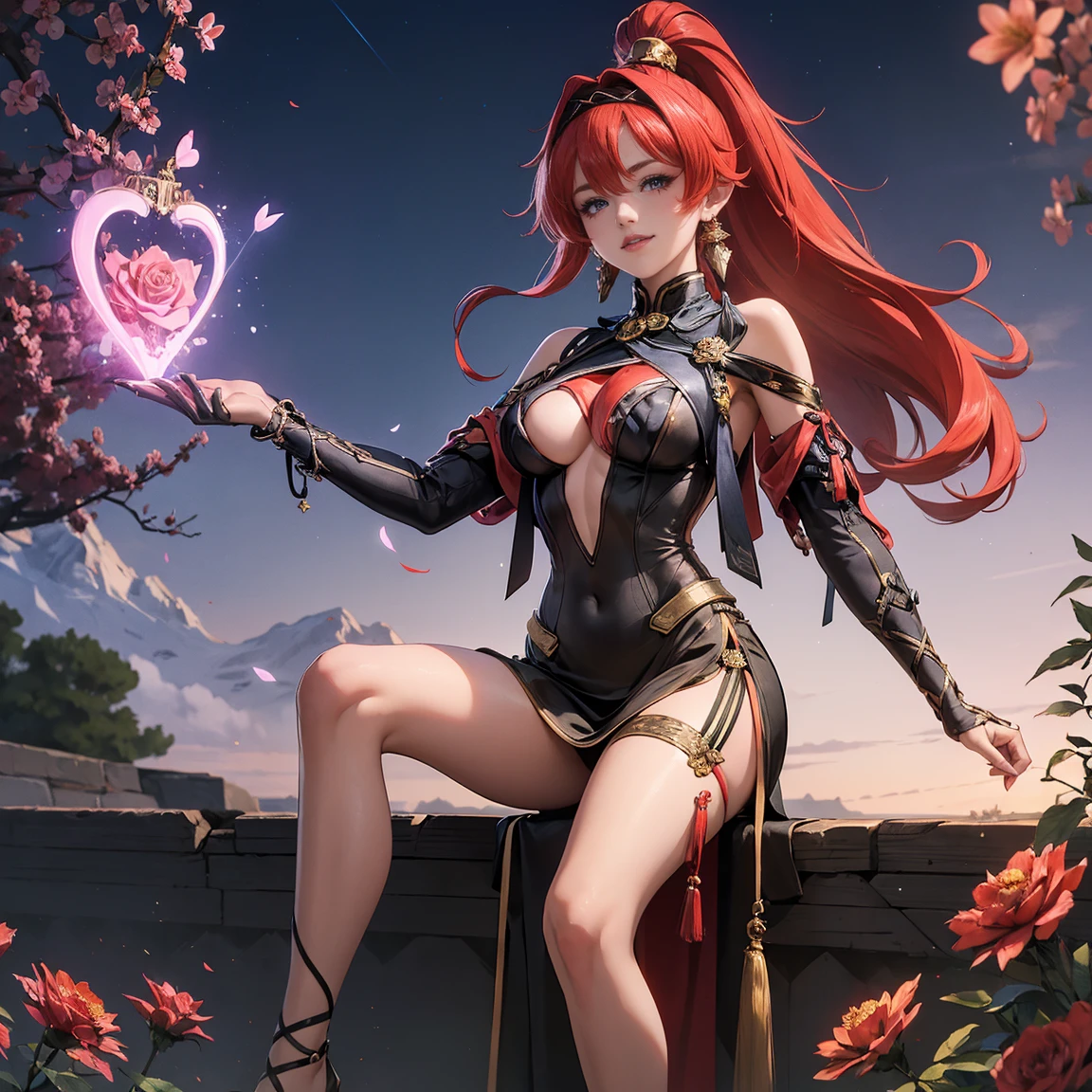 (master piece:1.8), (best quality:1.8), (exquisite lighting and shadow, highly dramatic picture, cinematic lens effect) 8k, wallpaper, looking at the viewer, open arms, female ponytail gold hair thin and short fantasy witch wearing a smooth and futuristic black mini dress with gold ornaments and gold lines, thin waist, hips, red ribbon in waist, beautiful blue eyes, beautiful lips, beautiful smile, shiny red flame behind, clouds and sky background, ethereal lightning, sharp focus
