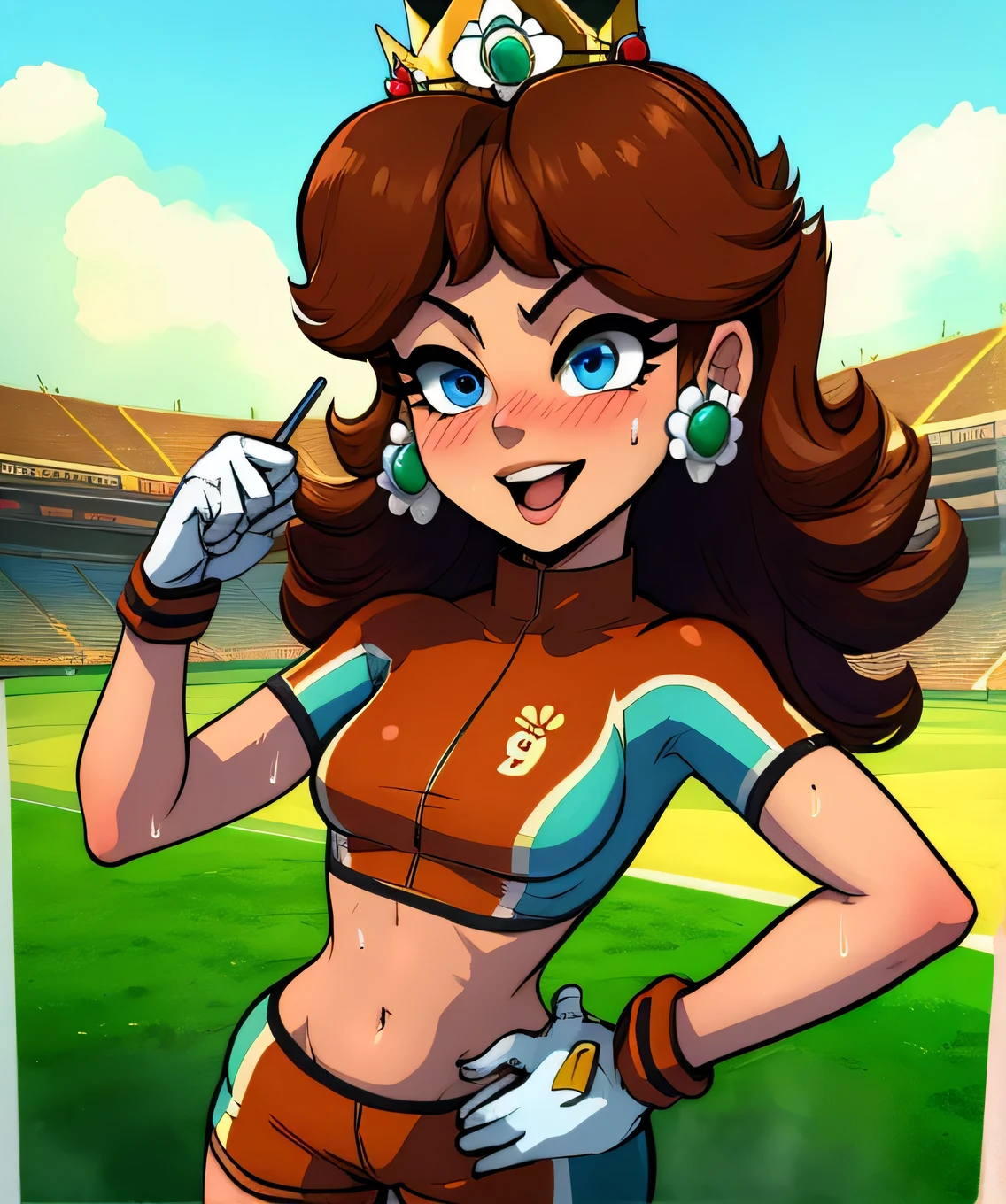 Daisy,brown hair,blue eyes,long hair,flower earrings,small crown,
number 8 soccer uniform, short sleeves, white gloves, orange shorts, midriff, number 8,
standing, smile, sweaty, exhausted, hand on hips
soccer field, science fiction, outdoors, open mouth
(insanely detailed, masterpiece, best quality), 