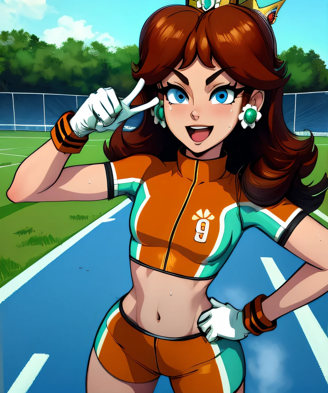 Daisy,brown hair,blue eyes,long hair,flower earrings,small crown,
number 8 soccer uniform, short sleeves, white gloves, orange shorts, midriff, number 8,
standing, smile, sweaty, exhausted, hand on hips
soccer field, science fiction, outdoors, open mouth
(insanely detailed, masterpiece, best quality), 