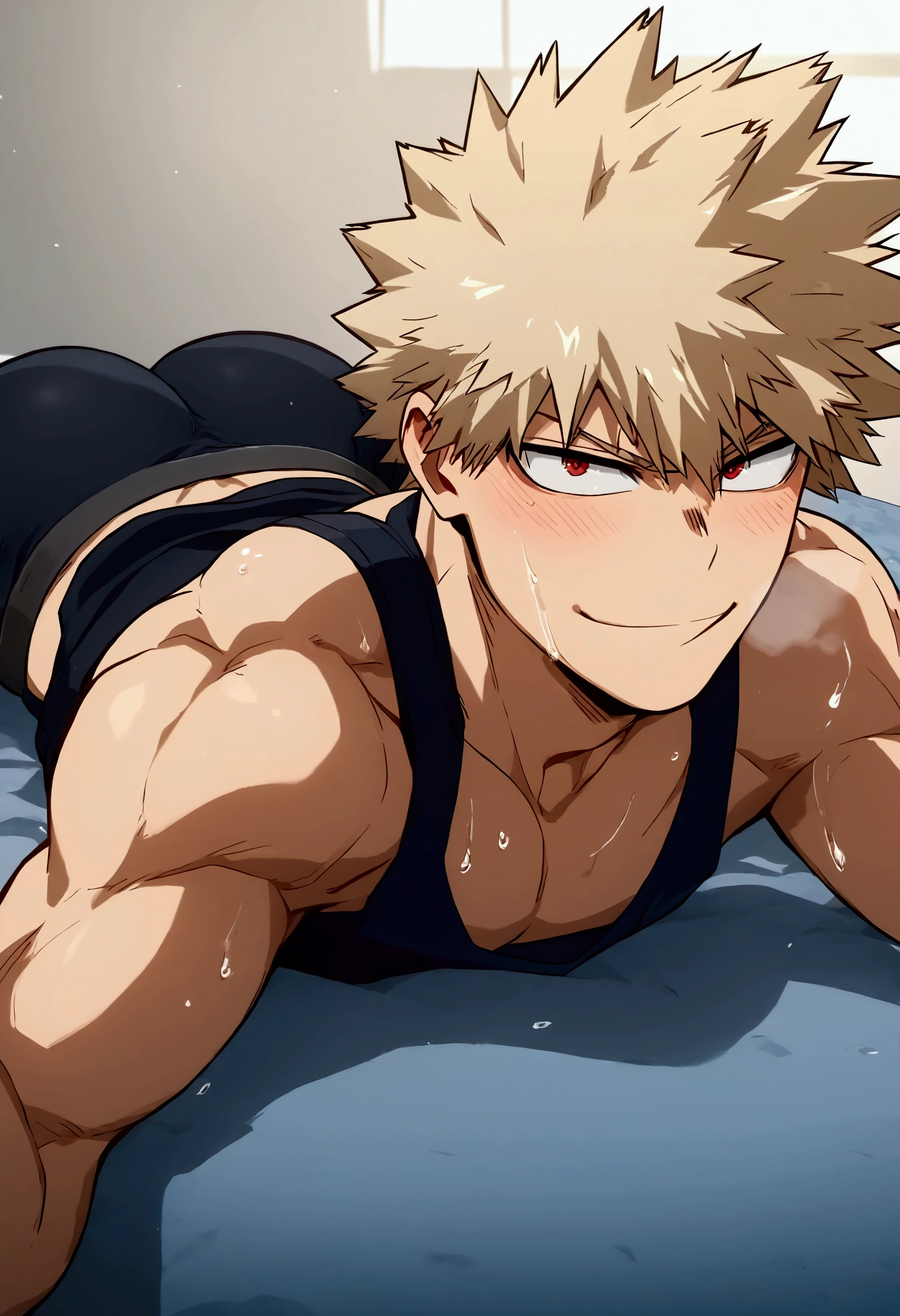 1boy,(full_boddy),muscular,My Hero academia,score_9_up, score_8_up, score_7_up, score_6_up, score_5_up, score_4_up, best quality, amazing quality, best aesthetic, absurdres, year2023,nsfw, official art, anime screencap,perfec eyes,perfect boddy, anatomically correct,Expressiveh,broad shoulders, trunks_briefs, muscular, black tank top, black sweat pants Future, sweaty, selfie, laying on stomach, naked ass, Indoors, gym, dynamic angle, dim lighting, annoyed expression, smile expression, visible breath, blush lines, lying down, sweaty, looking at viewer, ass, (perky ass 1:2, big ass, perfectly round ass)), Ass selfie, Arched back,katsuki bakugo ,red eyes
