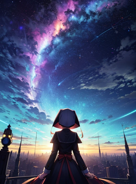 Panoramic photography of expansive landscape, ( A view from the bottom overlooking the sky and the streets below ),  Cyperd girl standing in a gloomy city looking up, ( Get the switch : 1.2), ( Falling star : 0.9), (Nebula : 1.3), Distant city,  The art of producing broken trees , ( Hot light source : 1.2), (Neon light : 1.2),  Bulb ,  Roxy and orange ,  Complex detail ,  Light size break  (A very detailed: 1.2), (highest quality), 4K, 's prayer is very detailed, (Dynamic configuration: 1.4),  High-resolution and colorful details  ( Iridescent : 1.2), ( Brilliant lighting , , atmospheric lighting ), dreamer, Magic , (Alone: 1.2), nun, sex, , hot,