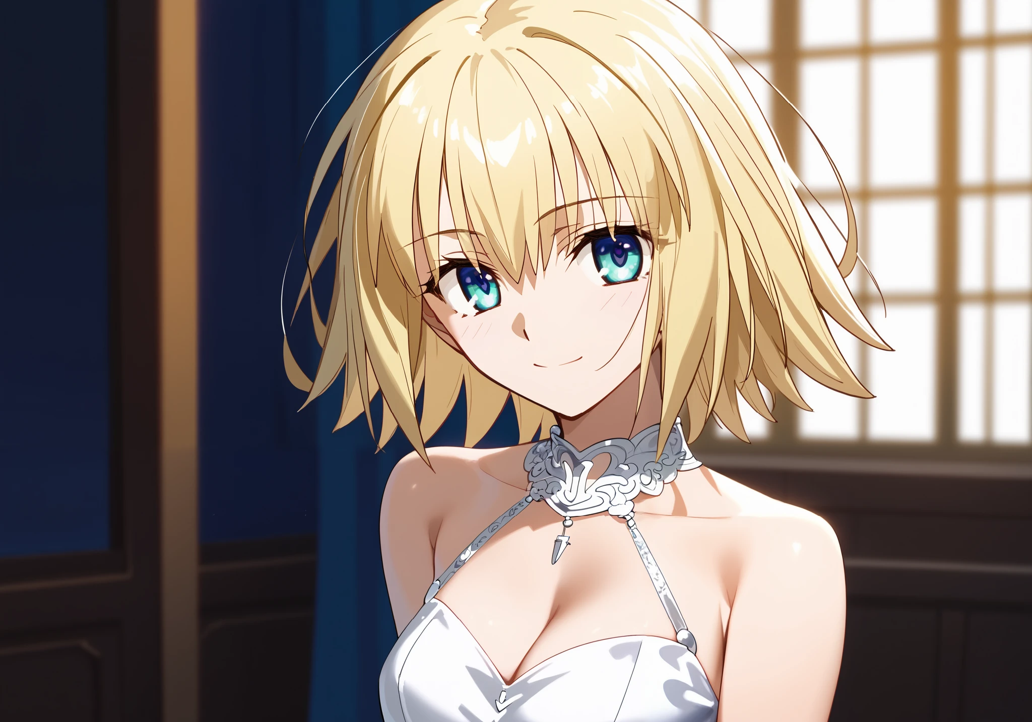 A woman, sunny day, RAW, UHD, 8K, Takeuchi Takashi style, Jeanne D arc, Fate/Grand Oder, (closeup:1.1), highly detailed face, blonde hair, blue eyes, Happy eyes, White evening dress, hand, Smile, Look at the viewer, only face and waist, Breast, Belly