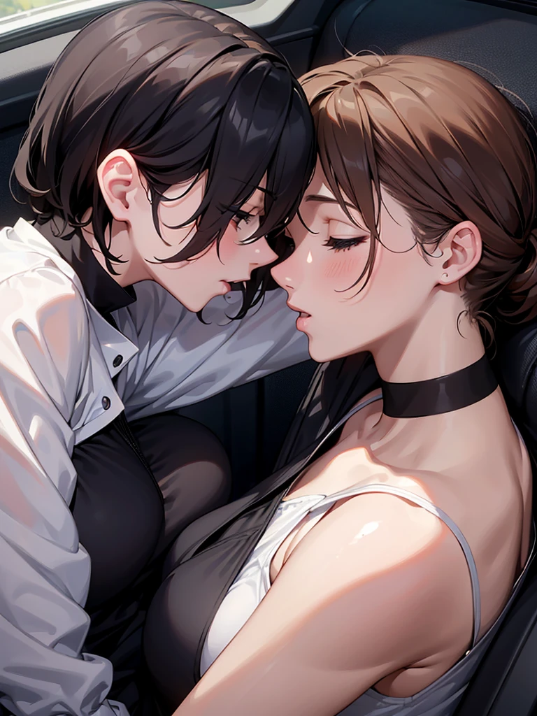 Amazing portrait of two sexy women aggressively making out passionately inside a car with intense kisses as it's raining outside during night time and they're hugging each other tight and they're kissing passionately with their lips touching