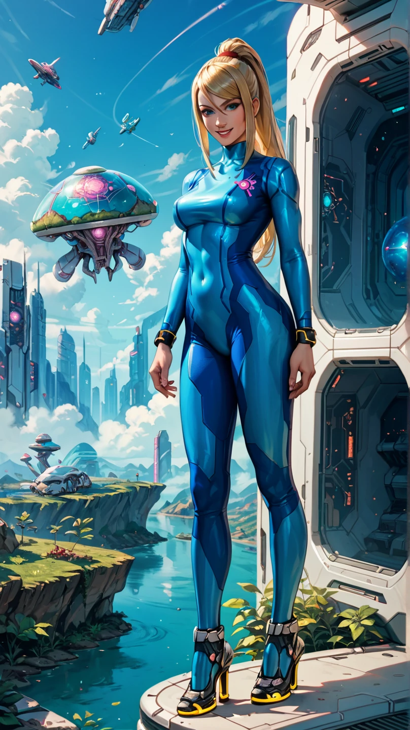 score_9, score_8_up, score_7_up, score_6_up, cowboy shot, semi-realistic, smile, anime style,defSamus, blonde hair, bodysuit, blue clothes, blue pants, high heels, alien planet, spaceship, outdoors, sky,