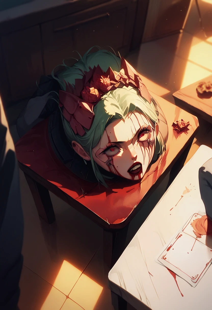 Anime decapited lifeless female head, above a table, gore