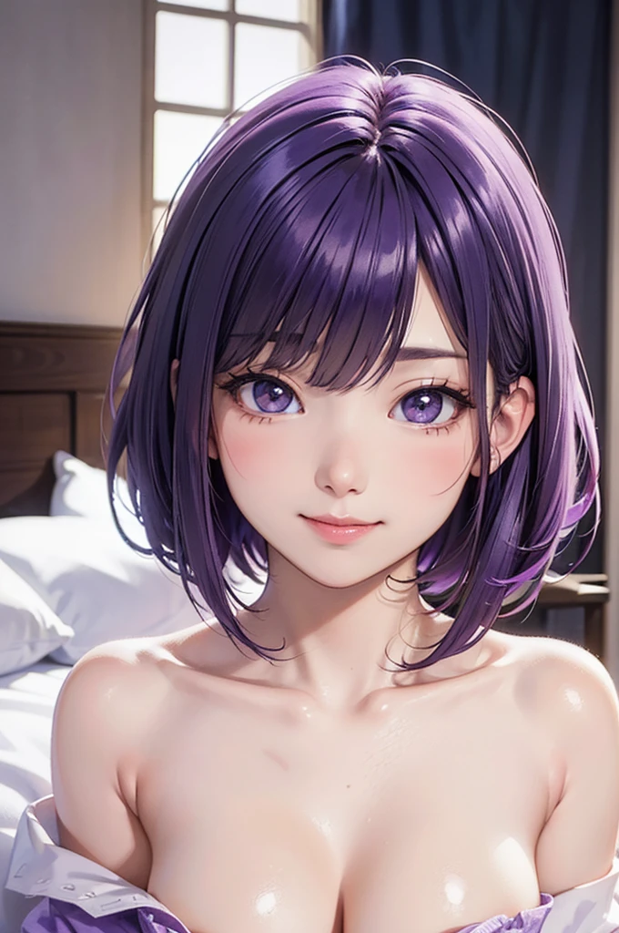 masutepiece, Best Quality, 1girl in,Komeiji Satori,Ahoge, Pink hair,Pink eyes,Short hair,shairband, 3rd eye, Bedroom background,fullnude、It is dripping with the mouth open and the tongue sticking out、enchanting posture、Face during estrus、Lying on your back、Eyes of Hearts、full body seen