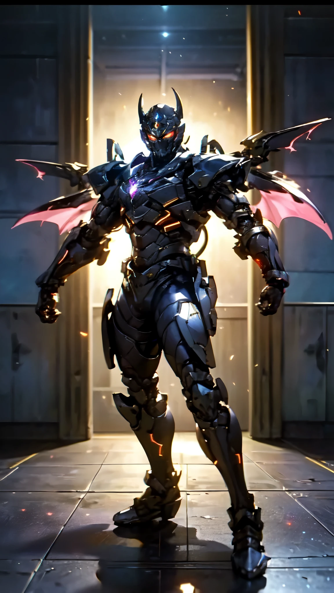 (masterpiece:1.5, best quality:1.5, extremely delicate:1.5), ((male:1.5)), a man wearing a full-face helmet, high-tech biomimetic armored combat suit, (a composite layered chest armor), the design balances heavy with agility, fully enclosed shoulder guards, matching arm and leg guards, a belt of gemstone, (the color scheme is primarily Red with Purple and Yellow accents, Organic Biotech, Concept Inspired by Vampire, glowing eyes, armor glows, huge cloak like devil wings), stand of a futuristic sci-fi city, this character embodies a finely crafted fantasy-style armored hero in anime style, exquisite and mature art style, metallic, high definition, highres, ultra-detailed, ultra-fine painting, professional, perfect body proportions, golden ratio, anatomically correct, symmetrical face, extremely detailed eyes and face, high quality eyes, creativity, RAW photo, UHD, 32k, Natural light, cinematic lighting, (masterpiece-anatomy-perfect:1.2)