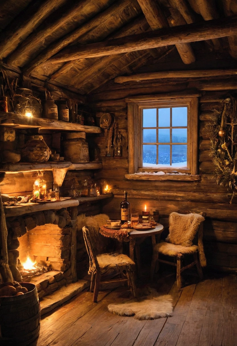 masterpiece, high quality . Arctic wintering house , The interior of the house has a lot of intricate Chukotka ethnic details and expedition equipment , outside, the Far Arctic ,Chukotka , the dark polar night ,blizzard,Bad weather,blizzard,snowfall. Very small square window . An atmosphere of comfort and tranquility . 1pretty tomboy girl Nika , whose age is older than the universe itself , with beautiful natural small breasts , boyish short ,erratic , very shaggy brown hair , short , with slightly tanned skin and a rounded face .sensual lips, a proportional beautiful little nose .in glasses.deep,  penetrating to the core , The infinitely wise and completely indifferent and bored look of the dark brown eyes of an immortal being , of the person who saw the birth of the universe , x} on the absolutely innocent face of a girl of twenty-eight years old .the whole body completely, including legs., the completely indifferent look , deepest apathy and indifference , characteristic of the immortals . She wears a warm woolen sweater with a high collar , thick woolen warm pants and boots . It's in a small, dark room in a tiny wooden cabin with a low ceiling without an electric one lighting. On the log walls, Chukchi amulets and bunches of dried herbs . Behind a very small dark window ,  decorated with velvet beige curtains ,необычайно  the dark polar night . The Christmas tree is decorated only with colorful unlit glass balls . She is sitting in a cozy brown plush chair by of a small window . The plank floor next to the chair is covered with soft deer skin . On a simple wooden table next to there is a half-empty bottle of whiskey and a large pot of Olivier salad in the chair , on the wooden windowsill of the small window, several bottles of whiskey and cognac . on the floor under the window, a barrel of Irish ale and many different preserves . On the keg there is a basket of tangerines . In front of the chair there is a large stove with burning wood . On New Year's Eve, she enjoys peace and privacy , reads an interesting book , holding her in one hand , and in the other a glass of whiskey .