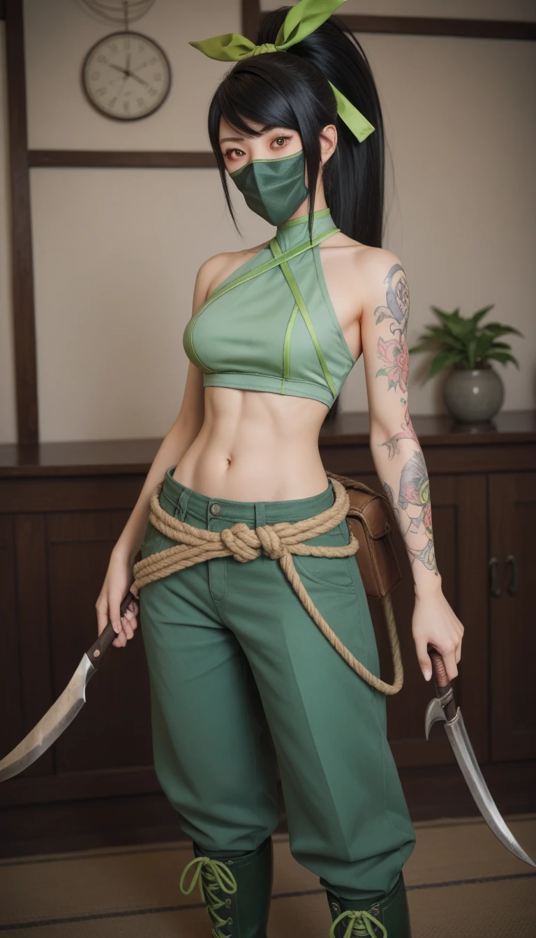 AkaliLoLXL, green mouth mask, yellow eyes, black hair, swept bangs, green ribbon, hair ribbon, long ponytail, arm tattoo, tattoo, medium breasts, bare shoulders, green crop top, leaf on hand, navel, rope belt, cylinder bag, hip vent, green pants, green boots, kunai, sickle, holding weapon, solo, standing, looking at viewer, indoors