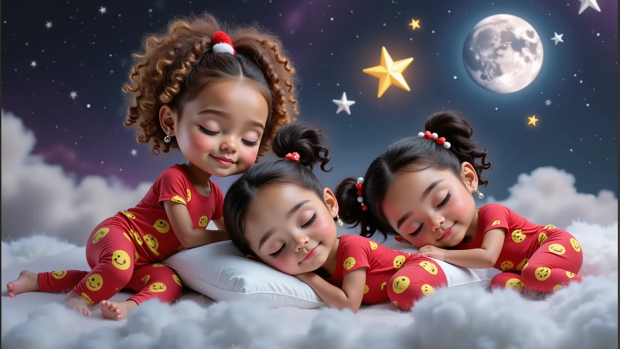 A 3D render of three Disney Pixar-style babies sleeping in Christmas-themed pajamas. The pajamas are red with yellow emojis and Christmas hats. The babies are in the center, with one boy and two girls. The boy has light brown curly hair and is tan-skinned. The first girl has black hair that reaches her shoulders and wears a feather earring. The second girl has black curly hair in two ponytails and wears paintbrush earrings. They are sleeping peacefully with a slight smile and are leaning on each other. The background contains a sparkling star, a full moon, and a sky full of stars. The babies are lying on white clouds. The image is high resolution and high quality.