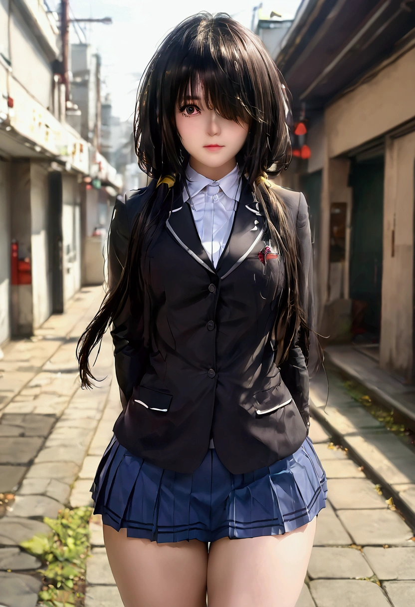 bmasterpiece、top-quality、hight resolution)、 Real life adaption for this character, Masterpiece, high quality, best lighting, cinematic, 1girl, tokisaki kurumi, black hair, low twintails, heterochromia, ((right eye red, left eye yellow)), eye covering bang, (perfect body), full body, (((big thigh))), ((schoolgirl uniform)), looking at viewer, standing, outdoors