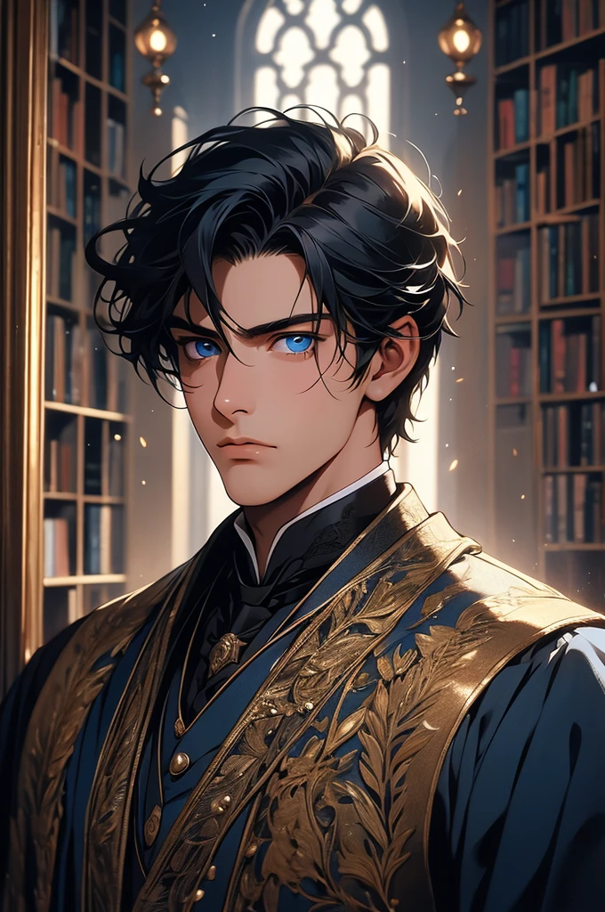 [32k, 8k, ultra detailed image] Victorian era, background of a room with many books, young man with black hair and well-detailed blue eyes, confident and powerful expression