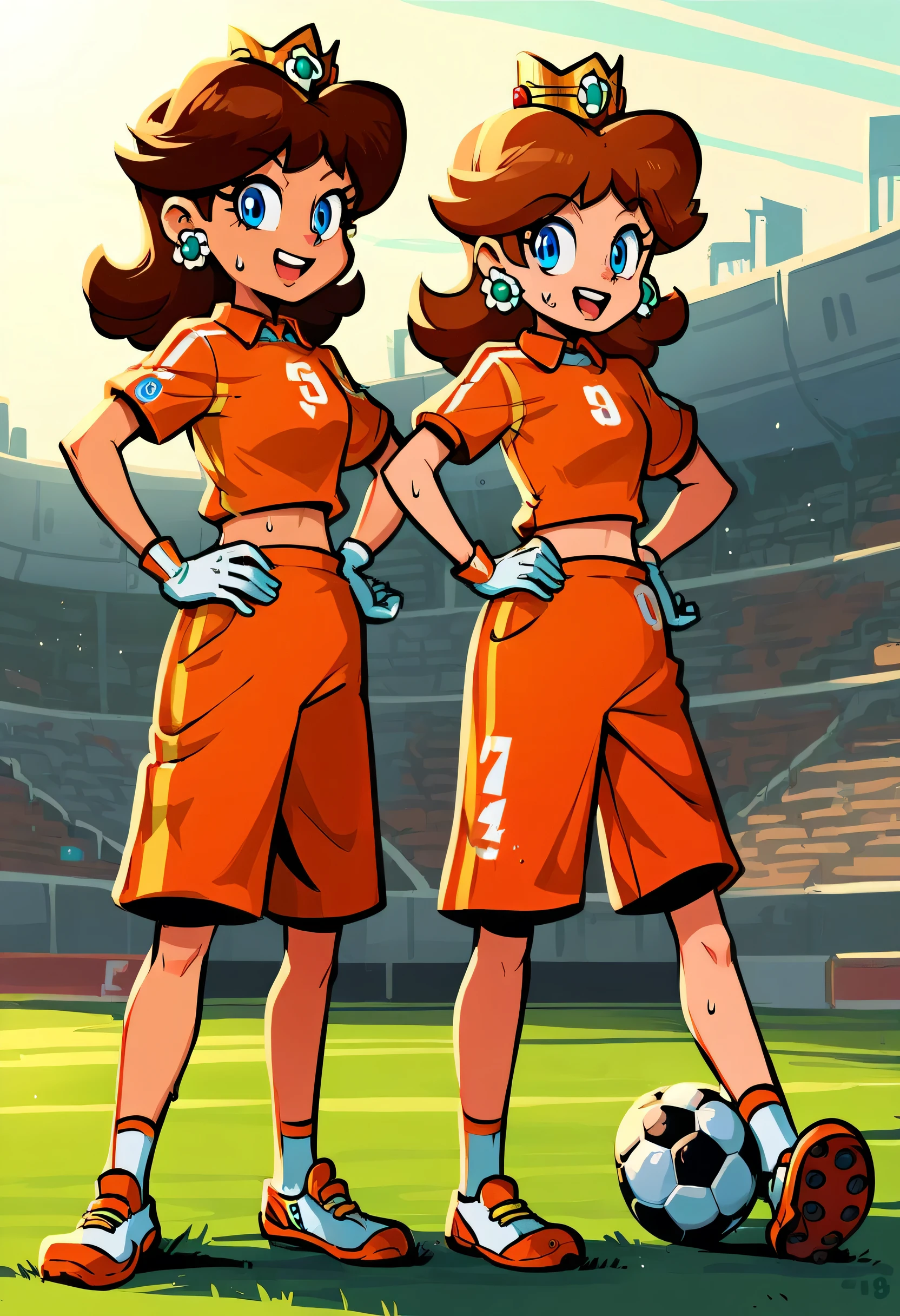 Daisy,brown hair,blue eyes,long hair,flower earrings,small crown,
number 8 soccer uniform, short sleeves, white gloves, orange shorts, midriff, number 8,
standing, smile, sweaty, exhausted, hand on hips
soccer field, science fiction, outdoors, open mouth, full body
(insanely detailed, masterpiece, best quality), 