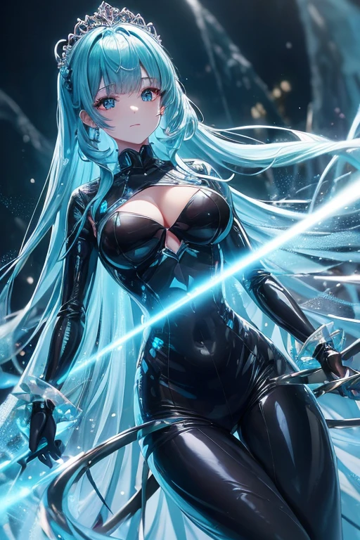 mature woman, glasses, long hair, big breasts, battle outfit, glowing green hair, floating hair, wind aura, wind magic, floating, looking at viewer, menacing look 