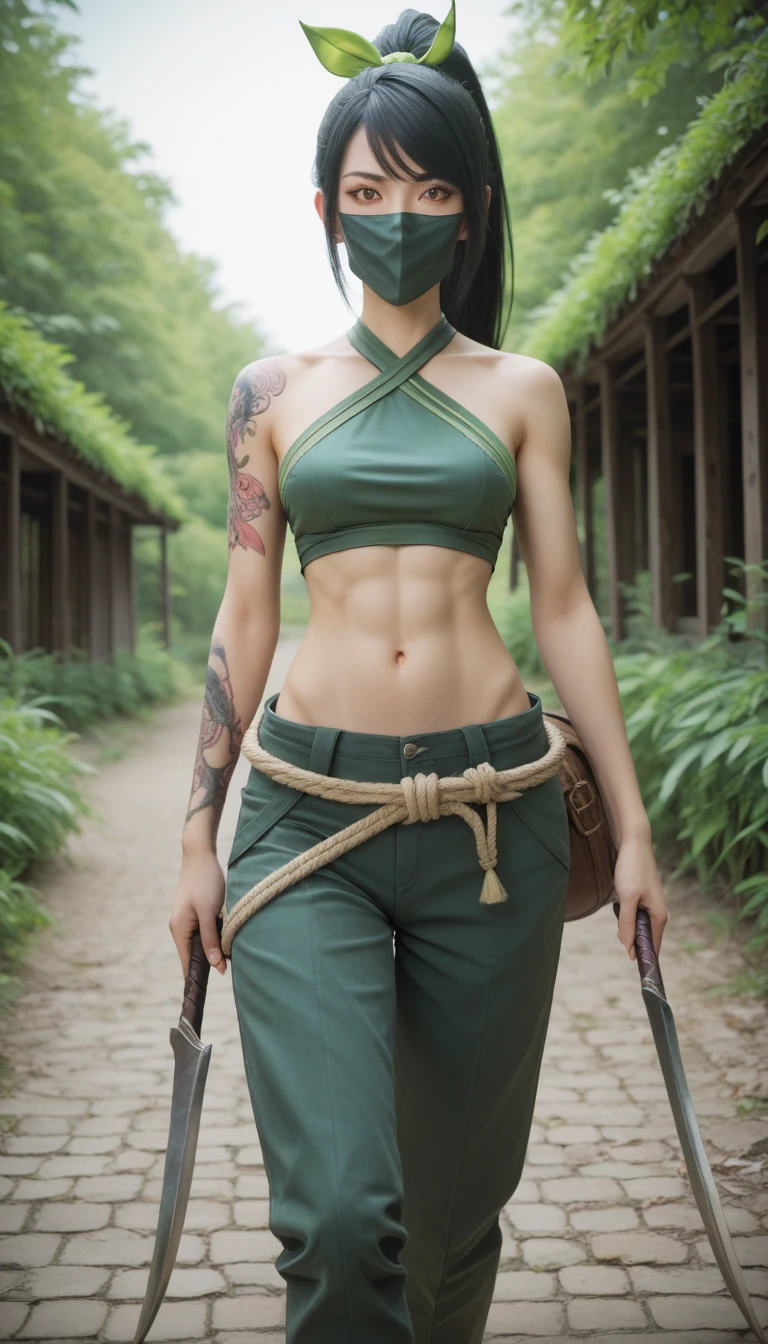 AkaliLoLXL, green mouth mask, yellow eyes, black hair, swept bangs, green ribbon, hair ribbon, long ponytail, arm tattoo, tattoo, medium breasts, bare shoulders, green crop top, leaf on hand, navel, rope belt, cylinder bag, hip vent, green pants, green boots, kunai, sickle, holding weapon, solo, walking, looking at viewer, outdoors, upper body