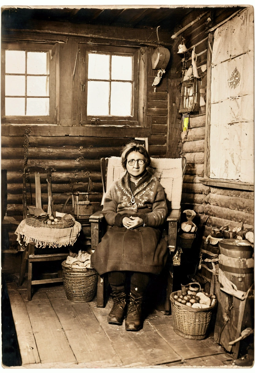 masterpiece, high quality . Arctic wintering house , The interior of the house has a lot of intricate Chukotka ethnic details and expedition equipment , outside, the Far Arctic ,Chukotka , the dark polar night ,blizzard,Bad weather,blizzard,snowfall. Very small square window . An atmosphere of comfort and tranquility . 1pretty tomboy girl Nika , whose age is older than the universe itself , with beautiful natural small breasts , boyish short ,erratic , very shaggy brown hair , short , with slightly tanned skin and a rounded face .sensual lips, a proportional beautiful little nose .in glasses.deep,  penetrating to the core , The infinitely wise and completely indifferent and bored look of the dark brown eyes of an immortal being , of the person who saw the birth of the universe , x} on the absolutely innocent face of a girl of twenty-eight years old .the whole body completely, including legs., the completely indifferent look , deepest apathy and indifference , characteristic of the immortals . She wears a warm woolen sweater with a high collar , thick woolen warm pants and boots . It's in a small, dark room in a tiny wooden cabin with a low ceiling without an electric one lighting. On the log walls, Chukchi amulets and bunches of dried herbs . Behind a very small dark window ,  decorated with velvet beige curtains ,необычайно  the dark polar night . The Christmas tree is decorated only with colorful unlit glass balls . She is sitting in a cozy brown plush chair by of a small window . The plank floor next to the chair is covered with soft deer skin . On a simple wooden table next to there is a half-empty bottle of whiskey and a large pot of Olivier salad in the chair , on the wooden windowsill of the small window, several bottles of whiskey and cognac . on the floor under the window, a barrel of Irish ale and many different preserves . On the keg there is a basket of tangerines . In front of the chair there is a large stove with burning wood . On New Year's Eve, she enjoys peace and privacy , reads an interesting book , holding her in one hand , and in the other a glass of whiskey .