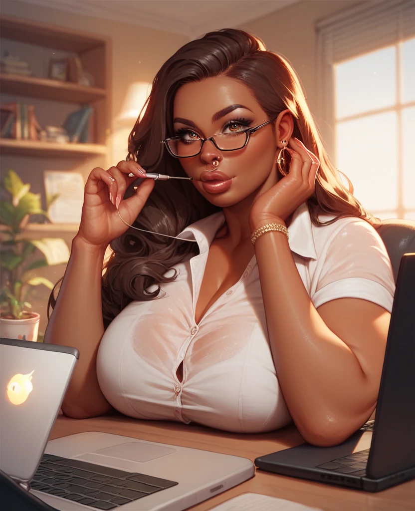 a black woman secretary typing on laptop at her desk, glasses, corporate attire, delicate features, plump lips, small nose, brown skin, long hair, almond eyes, plump lips small nose brown dark skin 