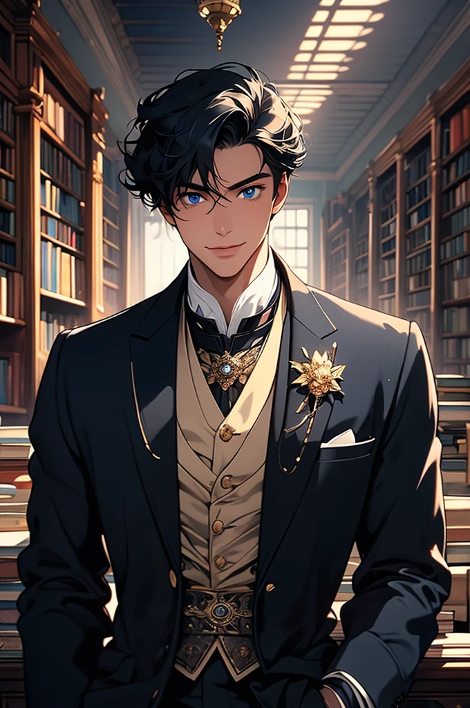 [32k, 8k, ultra detailed image] Victorian era, background of a room with many books, young man with black hair and well-detailed blue eyes, confident and powerful expression, confident smile, smile 1.3