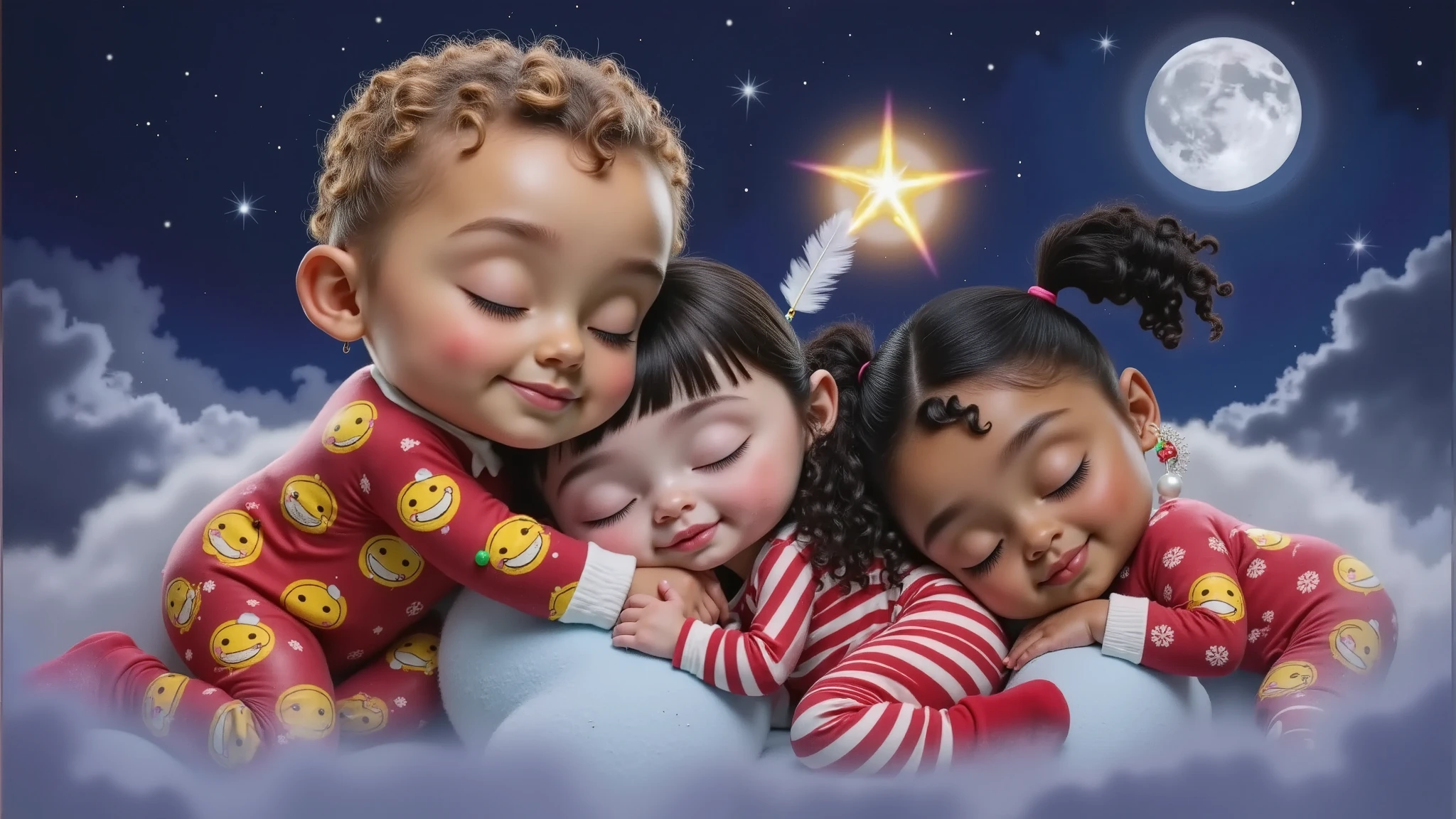 A 3D render of three Disney Pixar-style babies sleeping in Christmas-themed pajamas. The pajamas are red with yellow emojis and Christmas hats. The babies are in the center, with one boy and two girls. The boy has light brown curly hair and is tan-skinned. The first girl has black hair that reaches her shoulders and wears a feather earring. The second girl has black curly hair in two ponytails and wears paintbrush earrings. They are sleeping peacefully with a slight smile and are leaning on each other. The background contains a sparkling star, a full moon, and a sky full of stars. The babies are lying on white clouds. The image is high resolution and high quality.