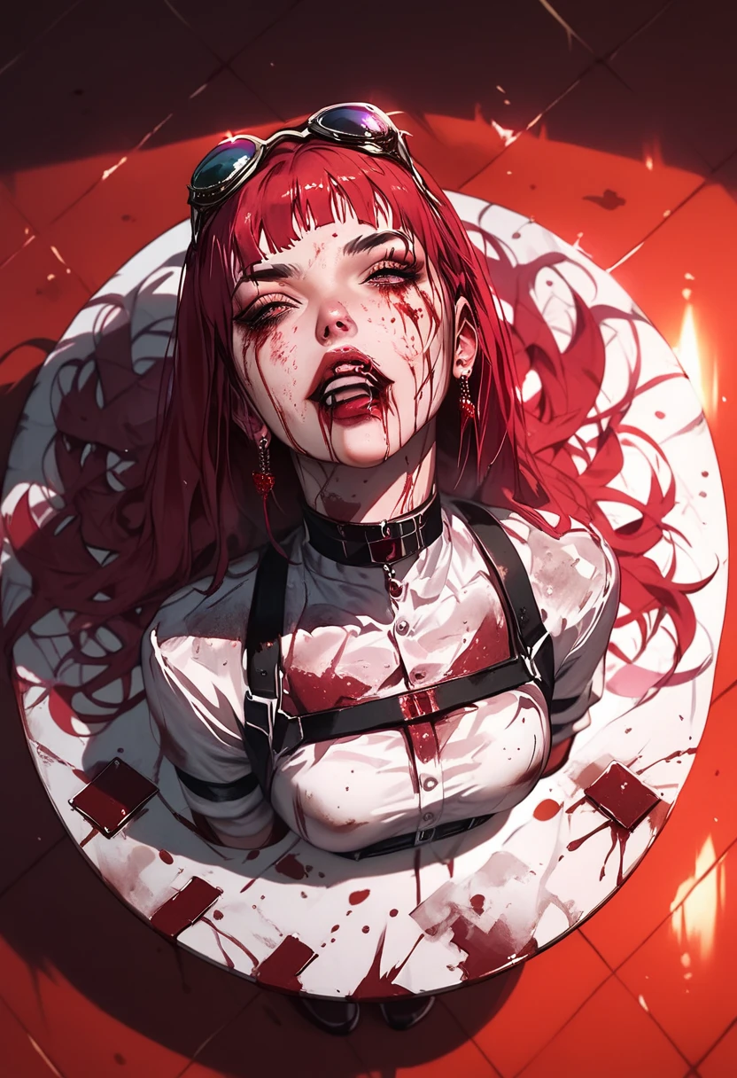 Anime decapited lifeless female head, above a table, gore