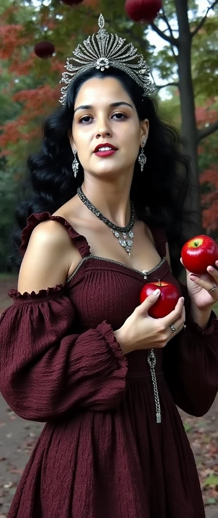 (( foto RAW),  absurd, (  absurd resolution  )),    masterpiece ,   best quality , ( Extremely detailed 8k CG background image ), (  best illustration ), ( best shade),  fullbody,  Realistic Lighting  ,   detailed glow and beautiful  , ((21 years old)), girl,   long black hair , ,   Accessories , Apple in hand, poisoned apples, witch queen,  red lipstick , (((  Her photographic perspective  )))